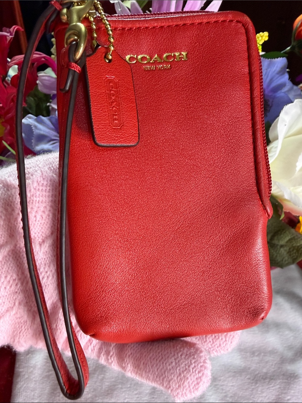 Coach Red Leather Wristlet Phone Crossbody with Gold Hardware